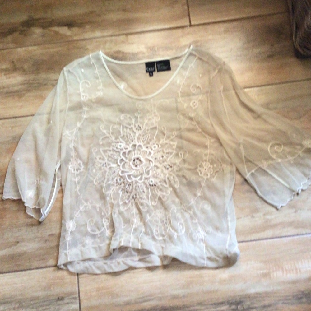Casual Corner Sheer Cream Embroidered Blouse